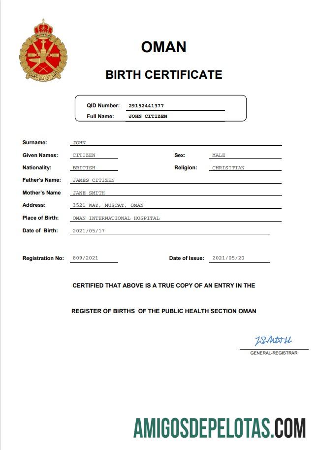 Em branco modelo Word e PDF de certidão de nascimento de Omã